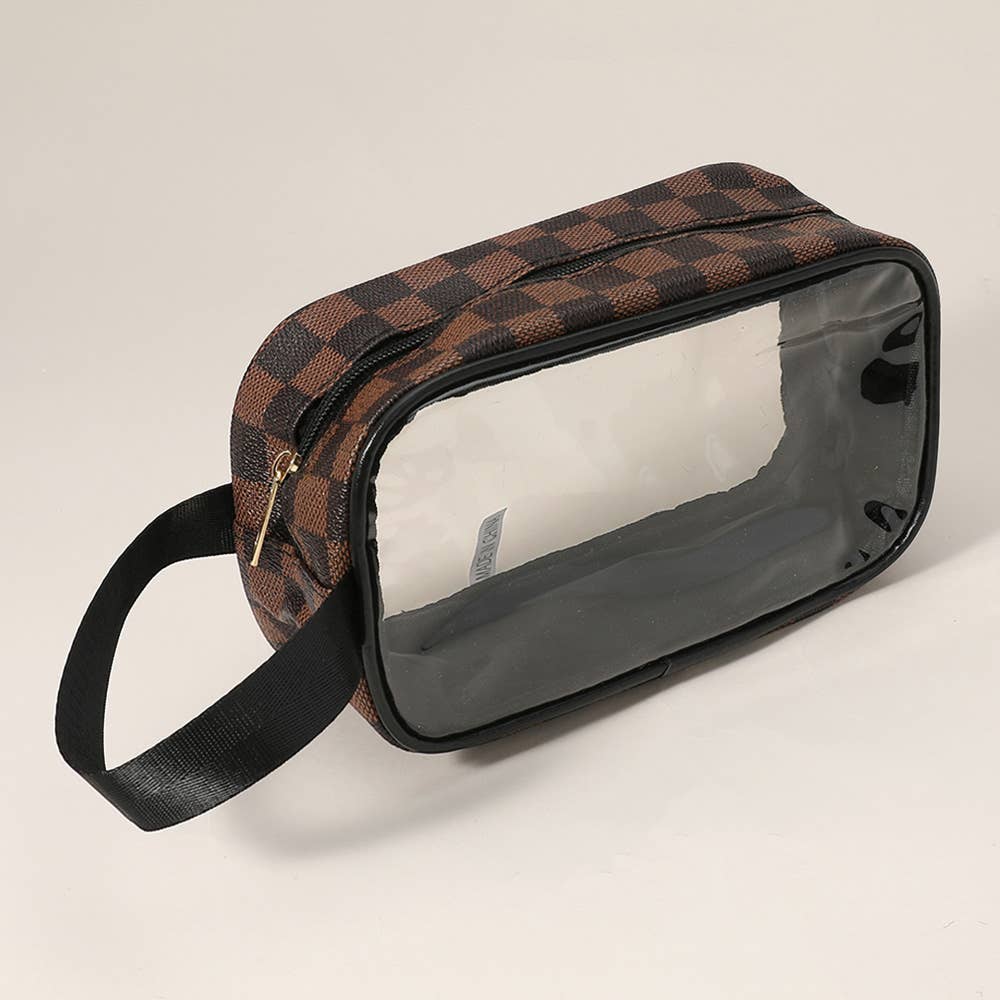 Checkered Faux Leather Transparent Travel Pouch Bag