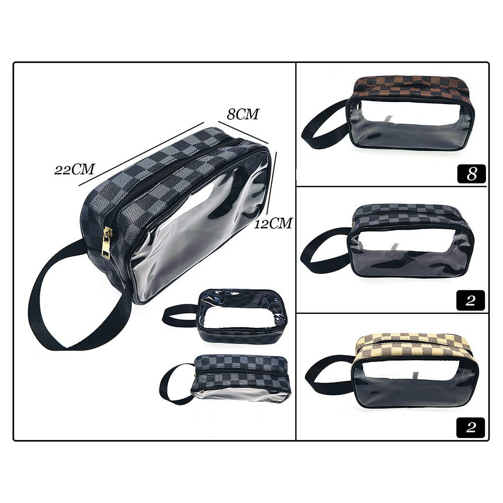 Checkered Faux Leather Transparent Travel Pouch Bag