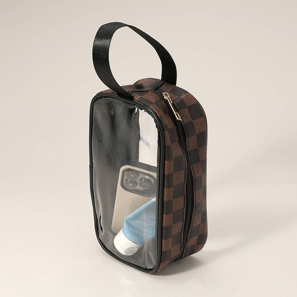 Checkered Faux Leather Transparent Travel Pouch Bag