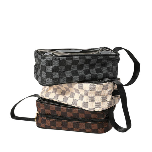 Checkered Faux Leather Transparent Travel Pouch Bag