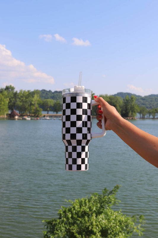Checkered White and Black Tumbler with Handle